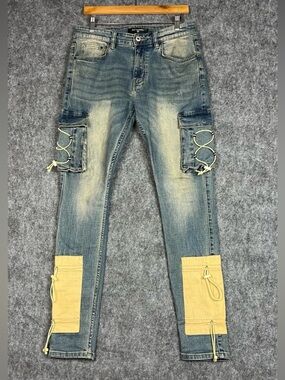 Serenade blue cargo jeans with yellow accents Size 32x32 #cargo #denim